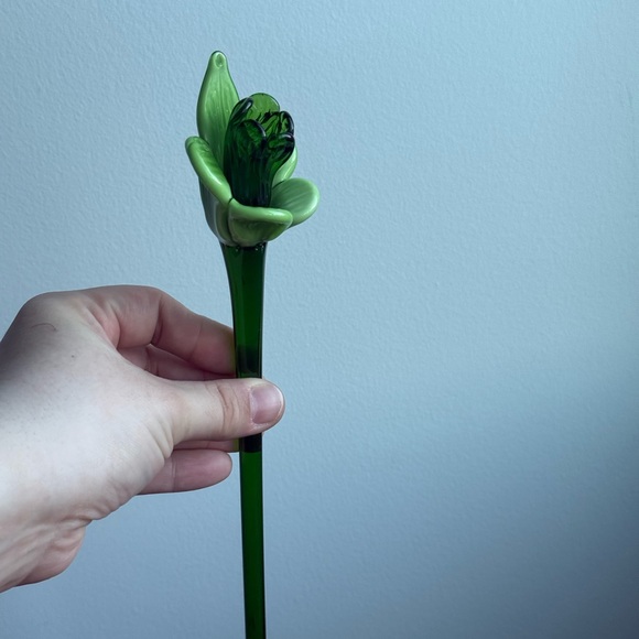1 Murano Style Blown Glass Green Daffodil Flower Long Stem Floral Decor Gift - Picture 8 of 15